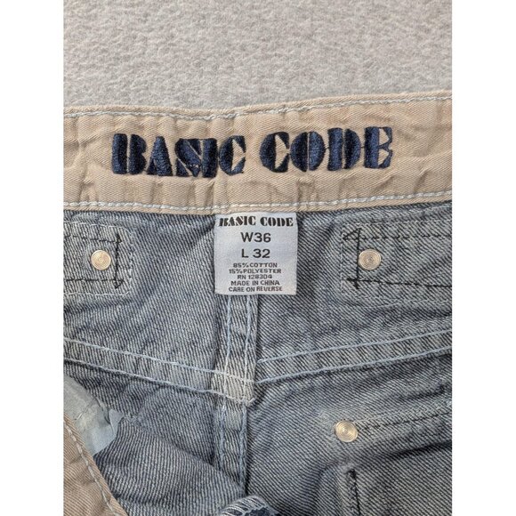 Basic Code Jeans Mens 36x32 Blue Denim Straight Leg Distressed Frayed Hem BSCD - Picture 13 of 14